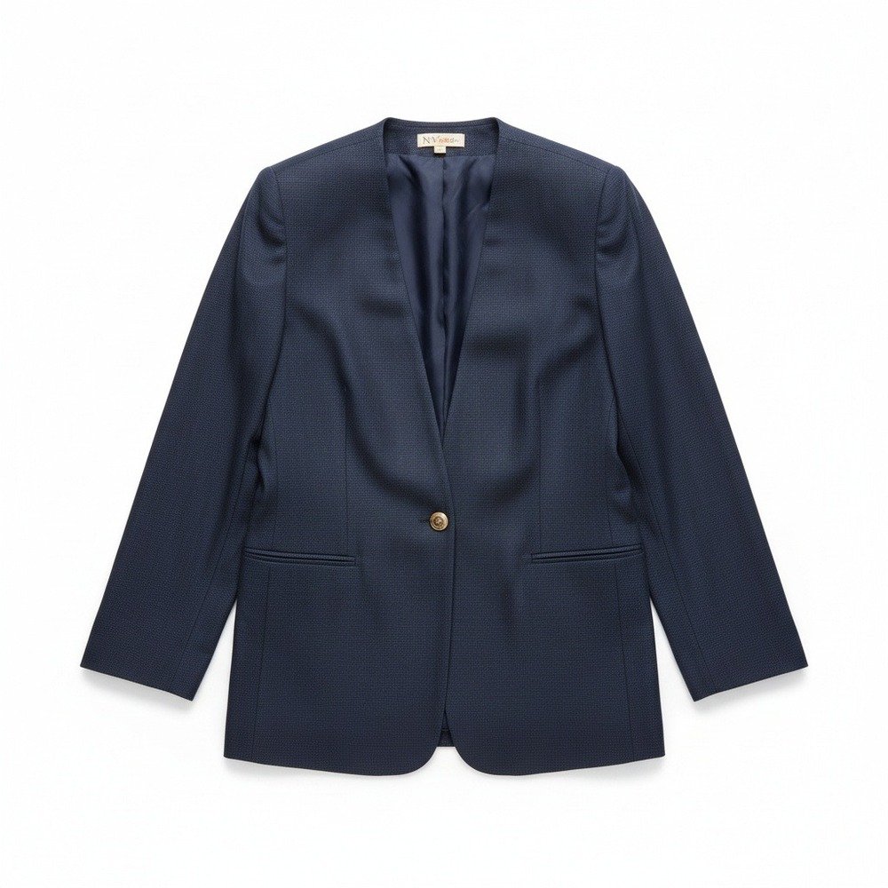 NY Sake Navy Blue Collarless Blazer, Woman's Size 6, Single Button, 100% Linen